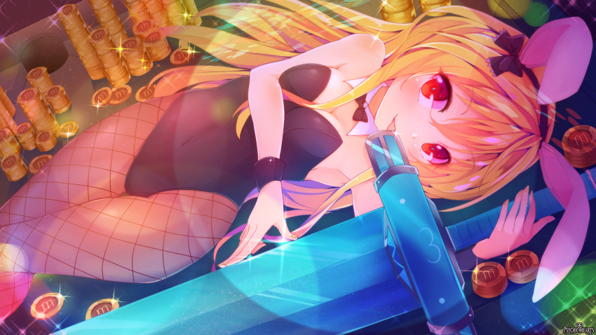 1girl animal_ears blonde_hair bowtie breasts bunnysuit cleavage dennryuurai detached_collar fishnet_pantyhose fishnets highres long_hair lying on_back pantyhose psychic_hearts rabbit_ears red_eyes sword weapon wrist_cuffs