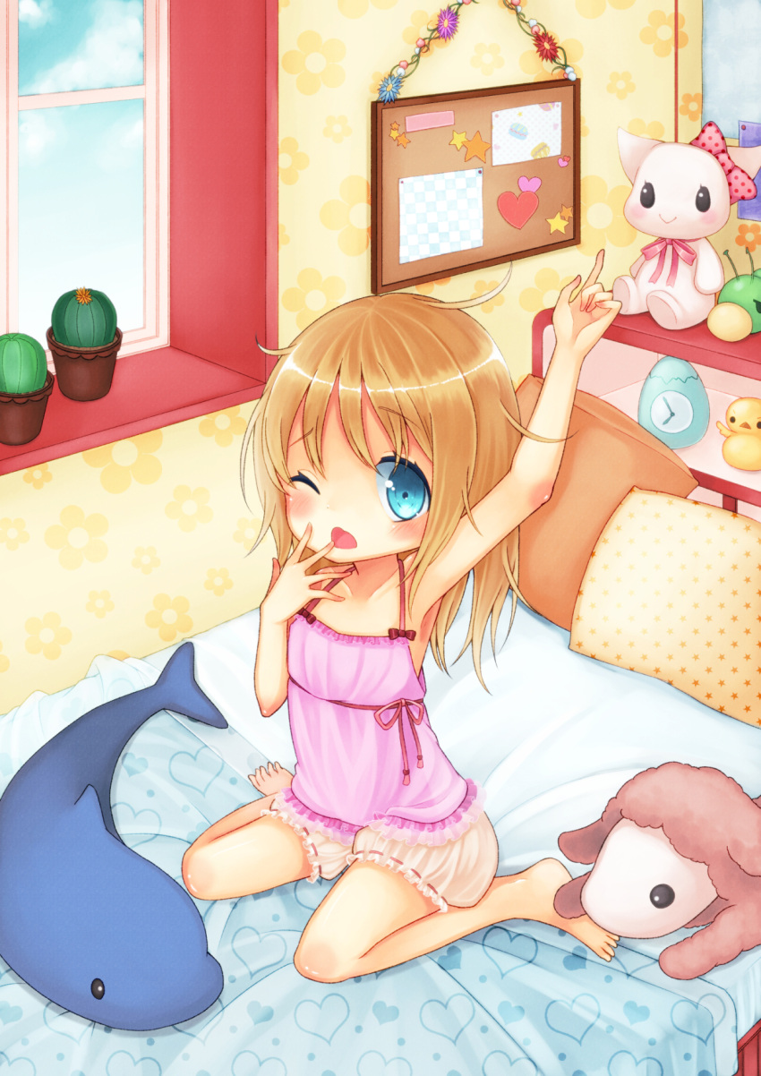 1girl arm_up armpits barefoot bed bloomers blue_eyes blush brown_hair cactus camisole clock highres long_hair one_eye_closed open_mouth original pillow plant sitting sleepy solo stretch stuffed_toy underwear window xenon_(simlacurm) yawning