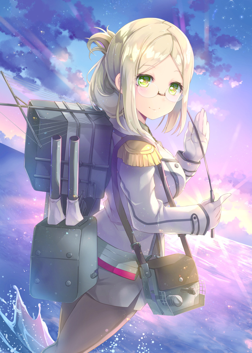 1girl absurdres ayuya_naka_no_hito blonde_hair blush breasts cannon closed_mouth clouds collared_shirt epaulettes folded_ponytail glasses gloves green_eyes highres holding kantai_collection katori_(kantai_collection) large_breasts long_hair long_sleeves looking_at_viewer military military_uniform miniskirt ocean pantyhose pointer shirt side_slit skirt sky smile solo sun turret uniform wading white_gloves
