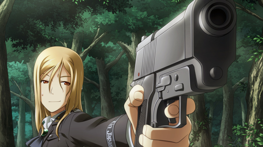 1girl artist_check beretta_92 blonde_hair brown_eyes finger_on_trigger forest game_cg gun hair_over_face handgun higurashi_no_naku_koro_ni long_hair looking_at_viewer military military_uniform nature outstretched_hand pistol rato smile spoilers sweatdrop takano_miyo tree uniform weapon wet_hair