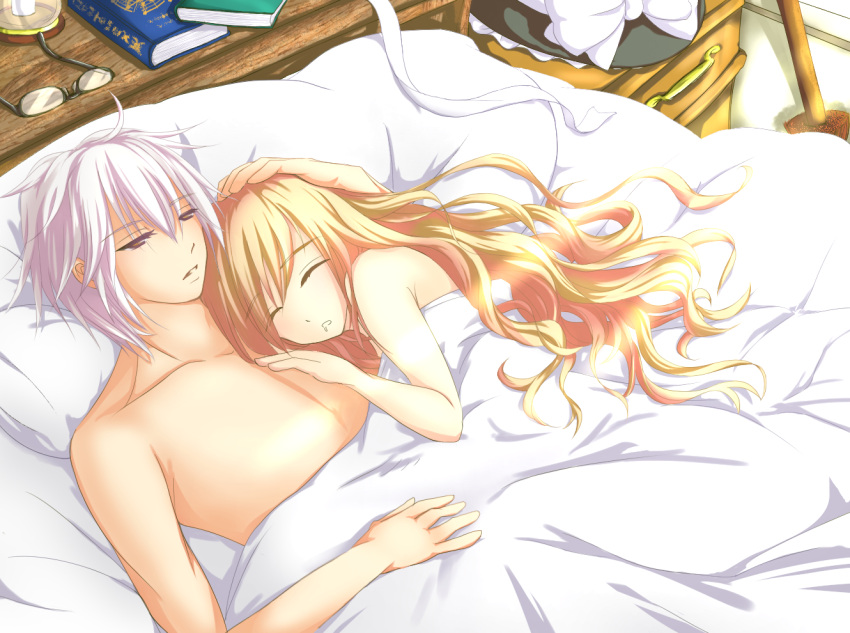 1boy 1girl bed blonde_hair book broom couple glasses glasses_removed hand_on_another's_chest hand_on_another's_head hat hat_removed headwear_removed kirisame_marisa long_hair morichika_rinnosuke short_hair sleeping sunlight tagme touhou under_covers white_hair witch_hat