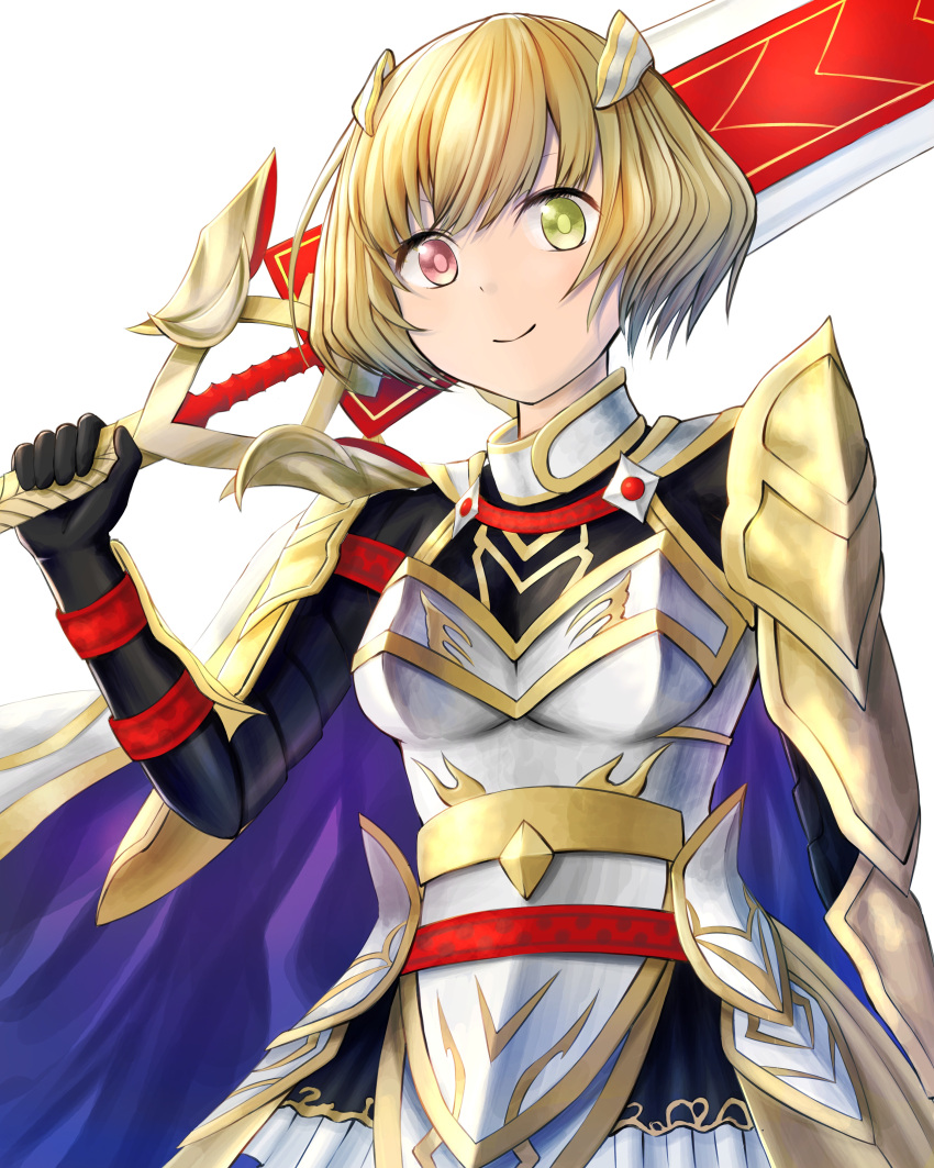1girl absurdres armor blonde_hair breastplate cape charlotte_(shironeko_project) cowboy_shot faulds gauntlets green_eyes heterochromia highres ituka_(turbo_510ry) looking_at_viewer red_eyes shironeko_project short_hair simple_background smile solo spaulders sword weapon white_background