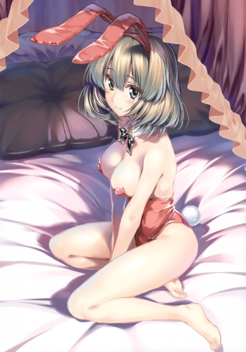 1girl absurdres animal_ears bangs bare_shoulders barefoot bed bed_sheet blue_eyes blush bowtie breasts brown_hair bunny_girl bunny_tail bunnysuit canopy_bed cleavage detached_collar eyelashes from_above from_side full_body green_eyes grey_hair heterochromia highres idolmaster idolmaster_cinderella_girls indoors leotard looking_at_viewer looking_to_the_side mole mole_under_eye on_bed pillow piromizu rabbit_ears short_hair simple_background sitting smile solo strapless strapless_leotard tail takagaki_kaede v_arms yokozuwari
