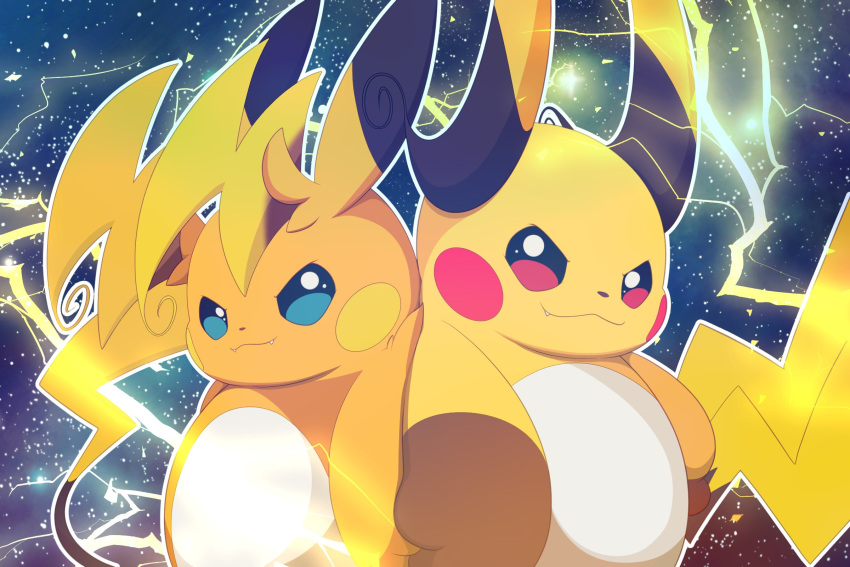brown_eyes closed_mouth commentary electricity fang fangs highres hirochanu0807 mega_pokemon mega_raichu_x mega_raichu_y no_humans orange_fur pokemon pokemon_(creature) pokemon_focus raichu red_eyes tail very_long_ears yellow_fur
