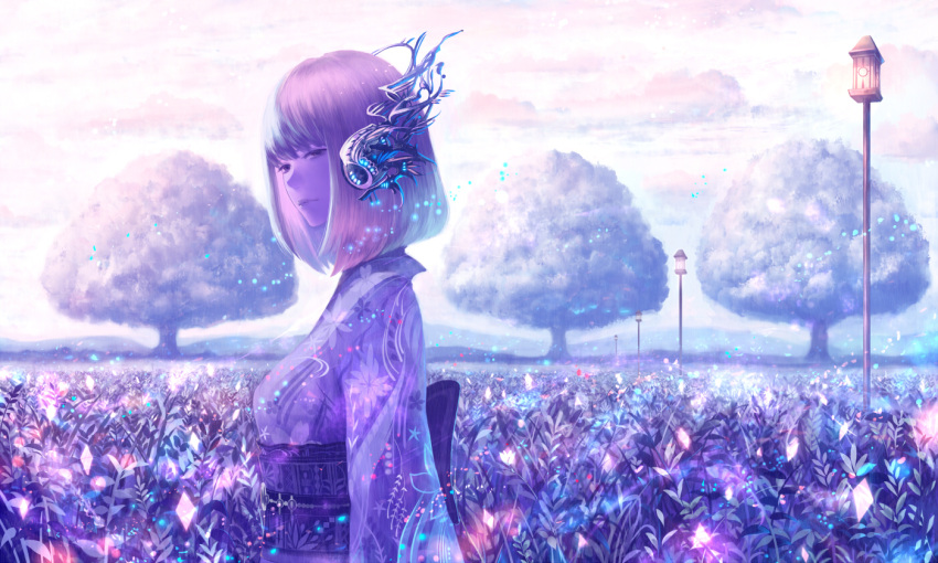 1girl bangs closed_mouth clouds field floral_print flower from_side frown hair_ornament japanese_clothes kimono lamppost obi original outdoors purple purple_flower purple_hair purple_skin sakimori_(hououbds) sash short_hair sky solo tree