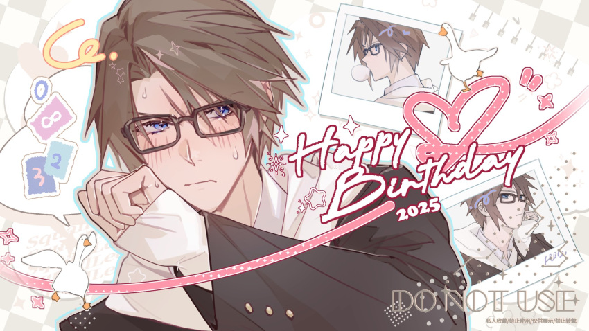 1boy alternate_costume bird black_jacket blue_eyes brown_hair character_name checkered_background collared_shirt commentary commission dated embarrassed final_fantasy final_fantasy_viii glasses goose grey_background grey_outline hand_on_own_chin hand_up heart highres jacket layered_sleeves light_blush lily_(shio1006) long_sleeves looking_to_the_side male_focus outline paper polaroid_photo scar scar_on_face shirt short_hair sparkle speech_bubble squall_leonhart star_(symbol) sweat upper_body watermark white_shirt