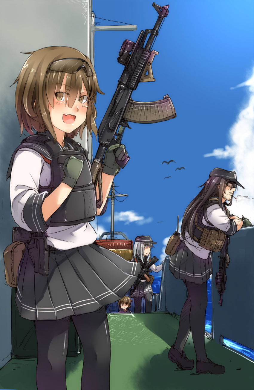4girls aimpoint ak-74 akatsuki_(kantai_collection) akm ammunition_pouch angled_foregrip arm_support assault_rifle ayyh beard black_legwear blue_eyes body_armor brown_hair bulletproof_vest cigarette clenched_hand clouds facial_hair fang glasses glasses_on_head gloves gun handgun hat hibiki_(kantai_collection) highres holster ikazuchi_(kantai_collection) inazuma_(kantai_collection) kantai_collection leaning_forward load_bearing_vest long_hair looking_afar looking_at_viewer multiple_girls ocean open_mouth pantyhose pistol plate_carrier pleated_skirt pouch purple_hair radio rifle ship short_hair silver_hair sketch skirt sky smile smoking trigger_discipline veins water weapon