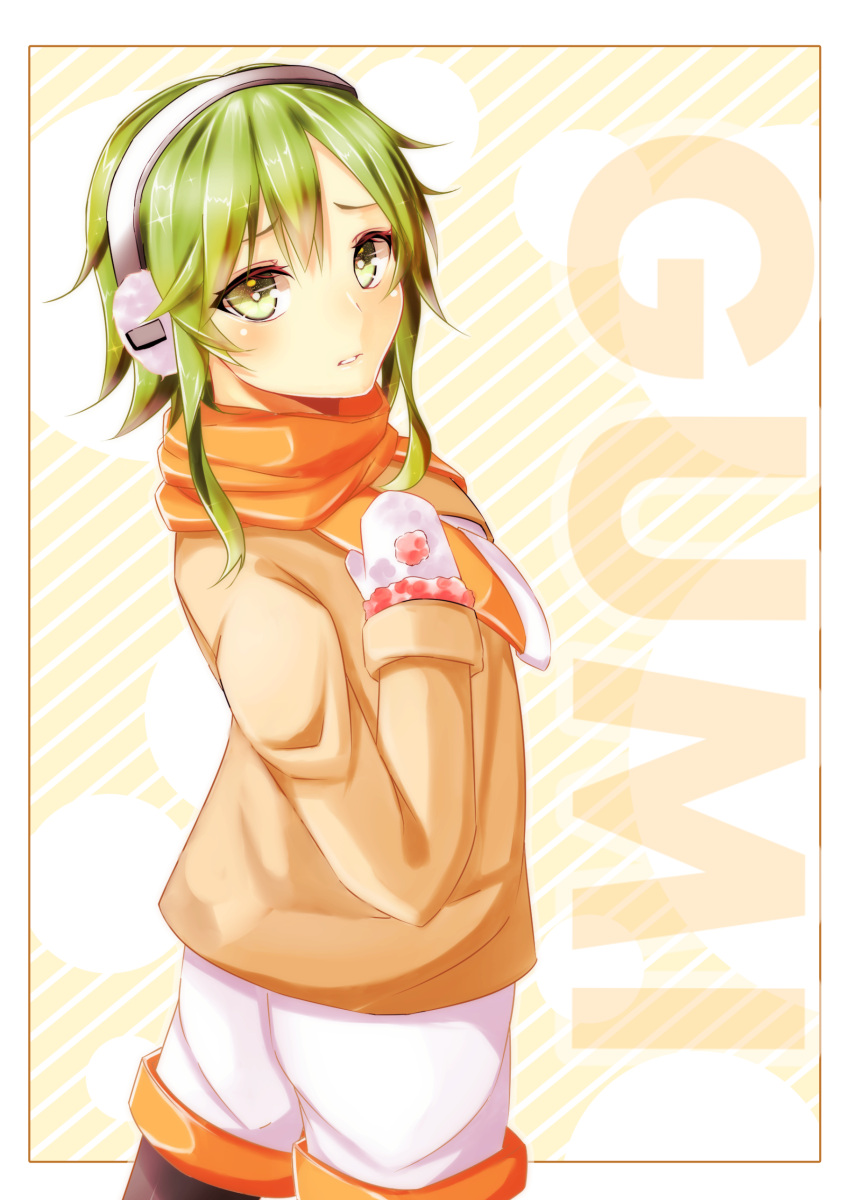 1girl absurdres black_legwear blush character_name coat earmuffs fur_trim gloves green_eyes green_hair gumi hairband hand_on_own_chest highres looking_at_viewer mugita77 orange_scarf pantyhose parted_lips scarf short_hair simple_background solo standing vocaloid white_gloves white_shorts winter_clothes winter_coat