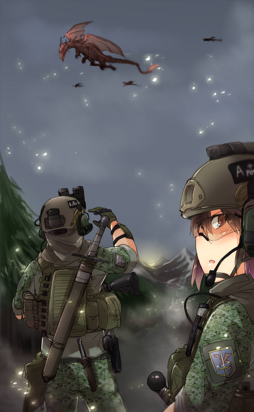 1girl arm_up assault_rifle ayyh camouflage commentary dagger dragon from_behind glasses gloves gun handgun headset heckler_&amp;_koch helmet highres hk416 holster load_bearing_vest looking_afar looking_at_viewer looking_back military military_uniform mountain night_vision_device open_mouth original pistol purple_hair rifle sky sleeves_rolled_up soldier sword tree uniform weapon