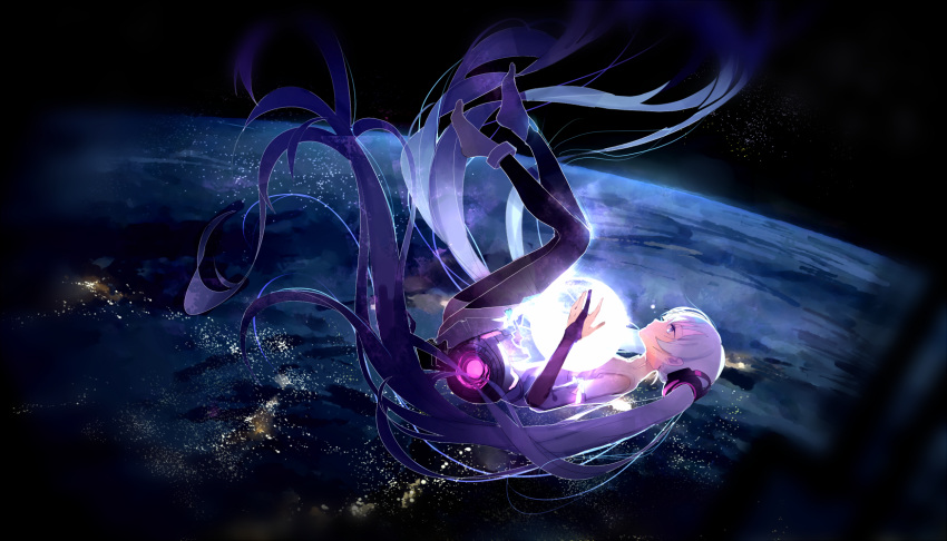 1girl absurdly_long_hair bangs black_gloves black_legwear blue_hair city_lights elbow_gloves expressionless floating_hair from_side full_body gloves hatsune_miku highres long_hair looking_afar miku_append orb partly_fingerless_gloves planet profile shirt sleeveless sleeveless_shirt solo space thigh-highs twintails very_long_hair vocaloid vocaloid_append yu_jiu zero_gravity