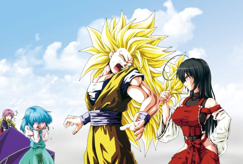 1boy 3girls abs ahoge angry big_hair black_dress blue_eyes blue_hair blue_skirt blue_sky blue_vest breasts clouds commentary_request constricted_pupils covering_face crying day detached_sleeves distant dragon_ball dragon_ball_z dress flying_sweatdrops gradient_eyes gradient_hair hair_pull hands_on_hips highres hijiri_byakuren juliet_sleeves kamishima_kanon karakasa_obake large_breasts leotard long_hair long_sleeves looking_at_another looking_to_the_side manly motion_lines multicolored_eyes multicolored_hair multiple_girls muscle no_eyebrows nontraditional_miko one_eye_closed open_hands open_mouth pants pee_stain puffy_long_sleeves puffy_sleeves purple_hair ribbon-trimmed_clothes ribbon-trimmed_sleeves ribbon_trim screaming sendai_hakurei_no_miko shiny shiny_hair short_hair skirt sky sleeveless son_gokuu super_saiyan_3 sweatdrop tatara_kogasa taut_clothes teeth toned tongue touhou turtleneck umbrella very_long_hair vest violet_eyes white_dress wristband yellow_eyes