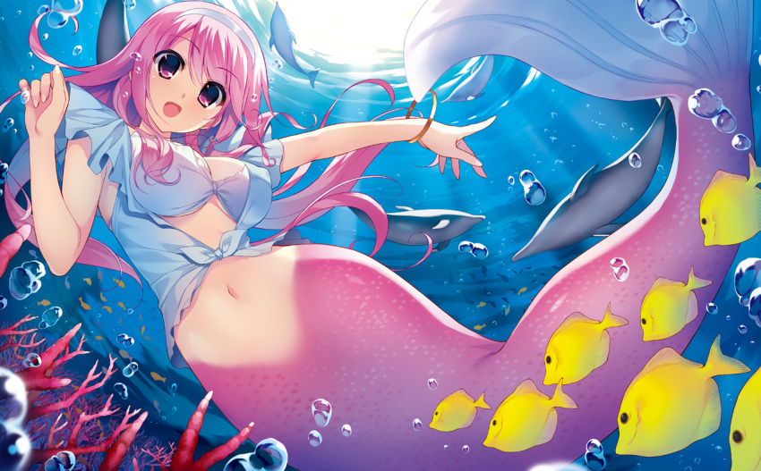 1girl air_bubble bangle bracelet bubble coral coral_reef dolphin fish fish_tail fumio_(ura_fmo) game_cg hairband happy hatsuru_koto_naki_mirai_yori jewelry long_hair looking_at_viewer meltyna mermaid monster_girl navel open_mouth pink_eyes pink_hair pointing underwater