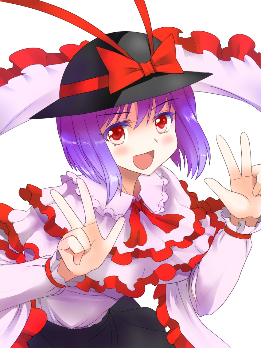 1girl bent_over bow breasts capelet double_v hat hat_bow highres large_breasts looking_at_viewer mono_(moiky) nagae_iku open_mouth pose purple_hair red_eyes shawl shirt skirt smile solo touhou v