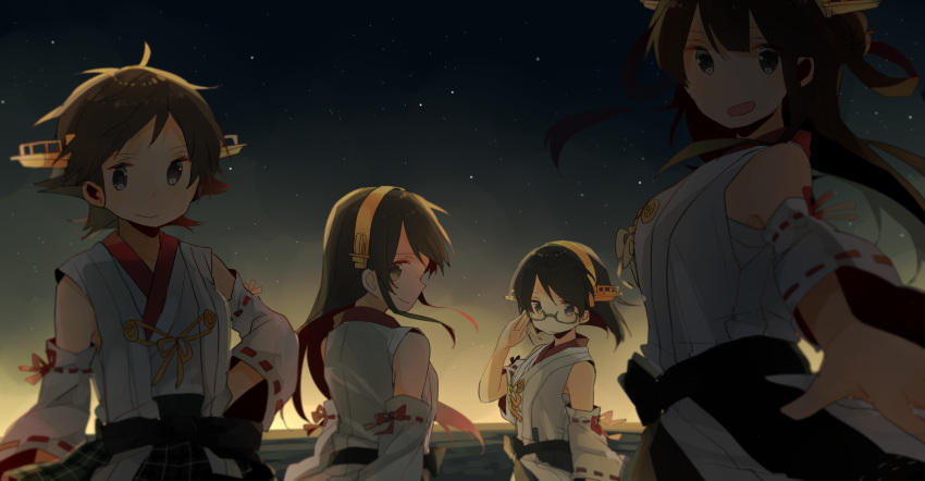 4girls absurdres adjusting_glasses bare_shoulders black_hair brown_hair dark detached_sleeves evening from_behind from_side glasses hair_bun hairband hand_on_hip haruna_(kantai_collection) headgear hiei_(kantai_collection) highres japanese_clothes kantai_collection kirishima_(kantai_collection) kongou_(kantai_collection) kousaka_karasu long_hair looking_at_viewer looking_back multiple_girls open_mouth outstretched_hand remodel_(kantai_collection) short_hair smile star tagme