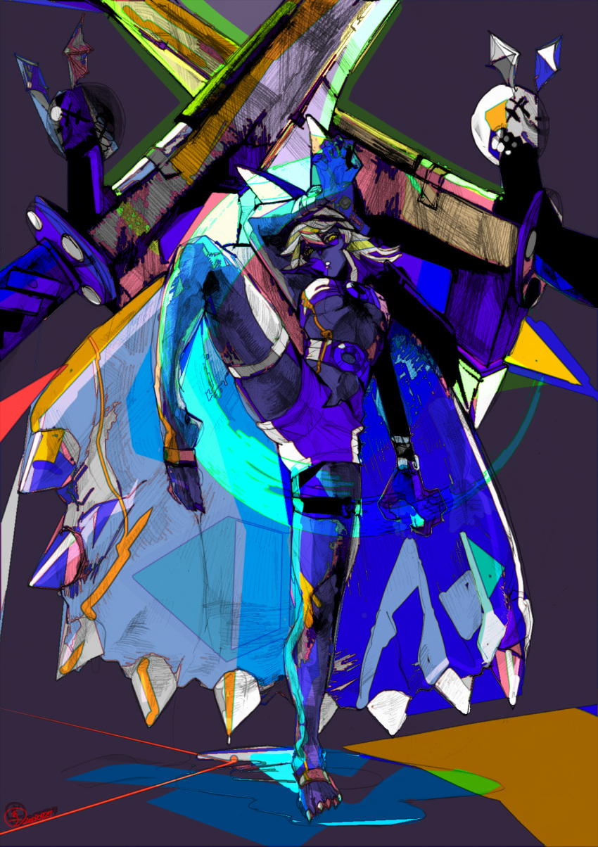 1girl barefoot belt beltbra breasts cape creature floating_swords guilty_gear guilty_gear_xrd hat high_kick highres huge_weapon kicking midriff oko_(ocotaros) ramlethal_valentine sharp_toenails short_shorts shorts solo standing_on_one_leg thigh_strap toes under_boob weapon yellow_eyes