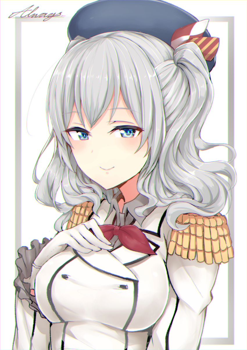 1girl absurdres blue_eyes breasts epaulettes hat highres kantai_collection kashima_(kantai_collection) looking_at_viewer military military_uniform silver_hair smile solo twintails uniform xiaodi