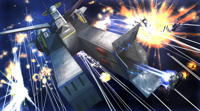 antennae battle beam_rifle cannon damaged door energy_beam energy_gun explosion flying gundam hangar hatch i.t.o_daynamics laser_beam launch launch_pad launching mecha mobile_suit_gundam realistic rx-78-2 science_fiction shield space space_craft weapon white_base