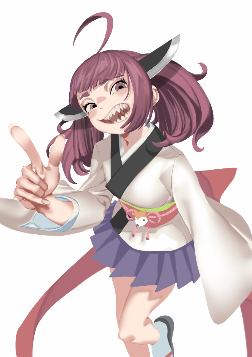 1girl absurdres ahoge back_bow blade blunt_bangs blush bow brown_eyes brown_hair commentary floating_hair foot_out_of_frame half-closed_eyes hand_up headgear highres index_finger_raised japanese_clothes kimono long_hair long_sleeves looking_at_viewer obi obijime open_mouth pleated_skirt purple_skirt red_bow sash sharp_teeth short_kimono simple_background skirt smirk socks solo standing standing_on_one_leg teeth thick_eyebrows tmasyumaro touhoku_kiritan twintails voiceroid white_background white_kimono white_socks wide_sleeves zouri