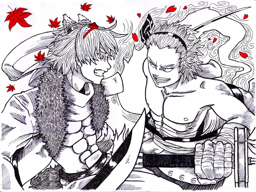 2boys absurdres animal_ears genderswap grin hairband hat highres huge_filesize ink_(medium) inubashiri_momiji konpaku_youmu konpaku_youmu_(ghost) leaf looking_at_each_other maple_leaf monochrome multiple_boys scan scan_artifacts smile spot_color sword tail tokin_hat touhou traditional_media tres-iques weapon white_hair wolf_ears wolf_tail