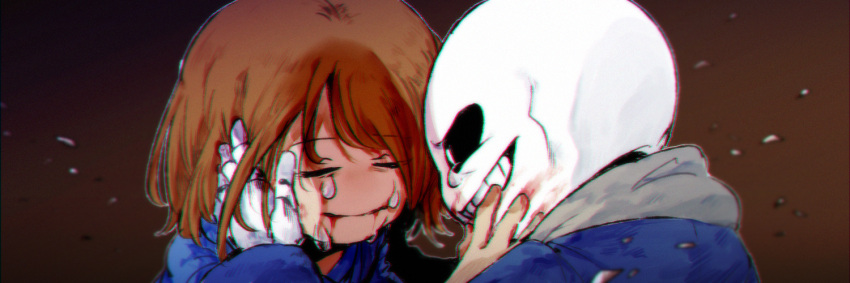 1boy androgynous blood blood_from_mouth brown_hair closed_eyes frisk_(undertale) hand_on_another's_face hoodie onieon sans skeleton tagme tears undertale