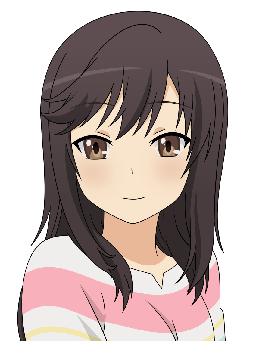 absurdres artist_request black_hair brown_eyes brown_hair face highres ichijou_hotaru non_non_biyori simple_background small_breasts source_request striped_blouse tagme upper_body