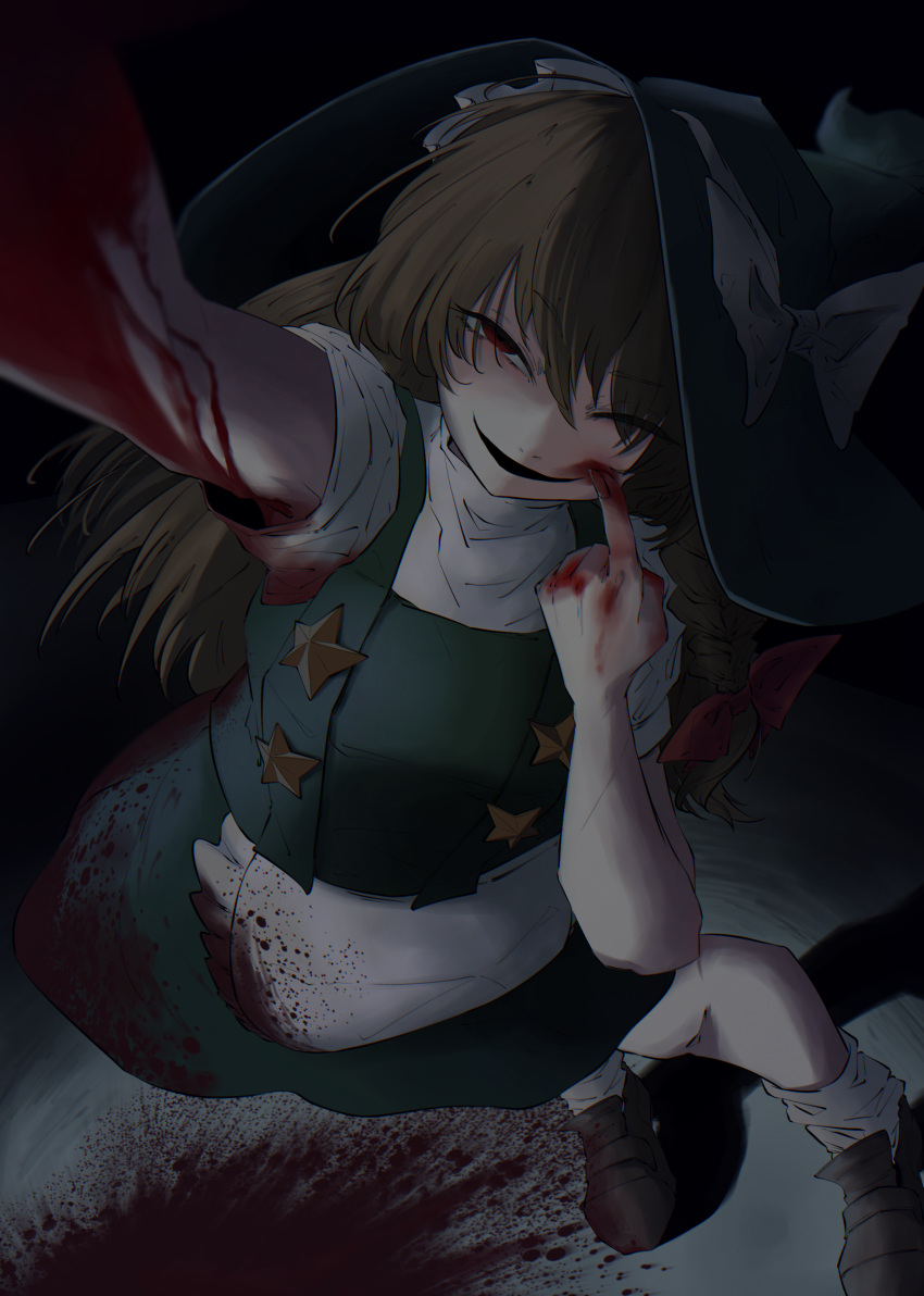 1girl absurdres apron bangs black_headwear black_skirt black_vest blonde_hair blood blood_on_arm blood_on_clothes blood_on_face blood_on_hands blood_splatter blood_trail bow braid brown_footwear commentary_request contrapposto cookie_(touhou) evil_smile eyebrows_visible_through_hair facepaint full_body hair_between_eyes hair_bow hat hat_bow highres kirisame_marisa long_hair looking_at_viewer odoro_(nicoseiga81184094) one_eye_closed open_mouth red_bow red_eyes selfie shirt shoes side_braid single_braid skirt smile socks solo standing star_(symbol) suzu_(cookie) touhou vest waist_apron white_apron white_bow white_legwear white_shirt witch_hat