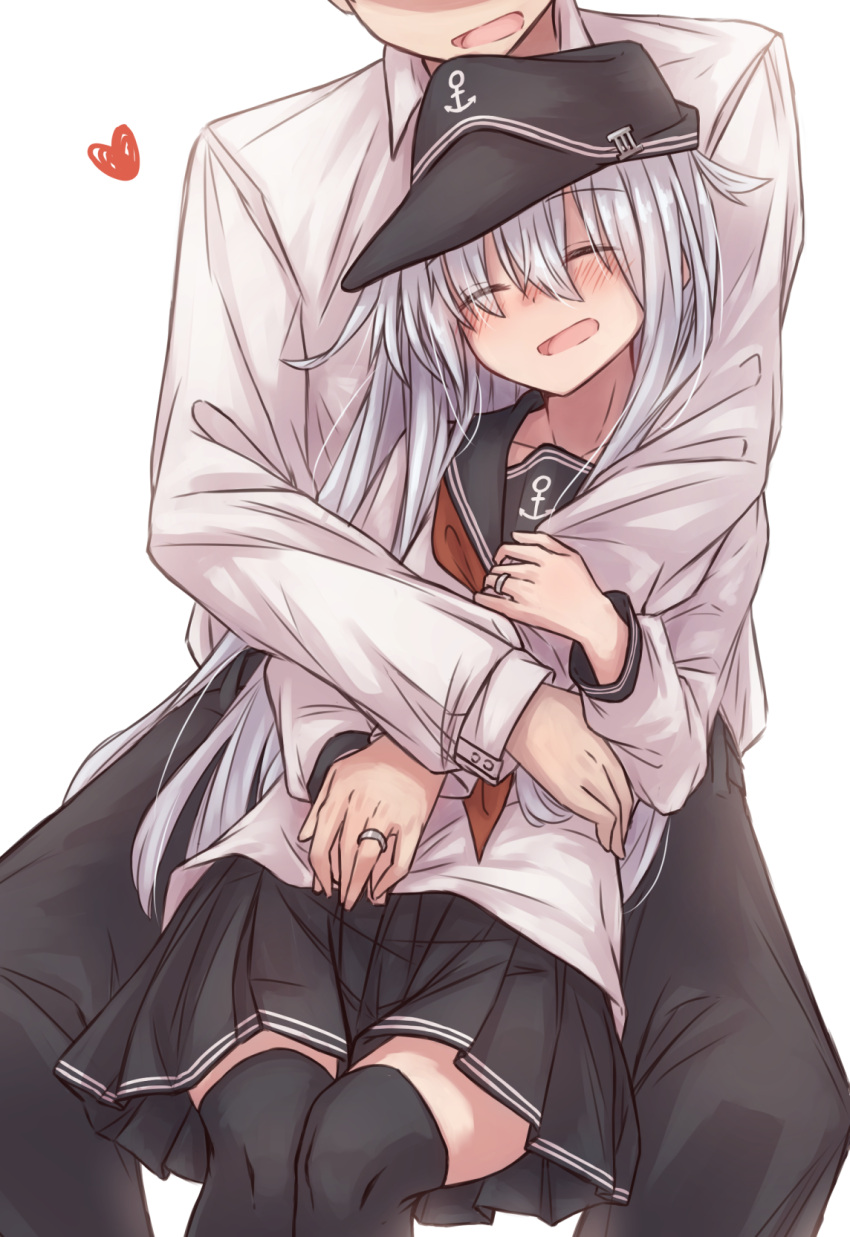 1boy 1girl anchor_symbol black_legwear black_sailor_collar black_skirt closed_eyes commentary_request flat_cap hat hibiki_(kancolle) highres hug hug_from_behind kantai_collection kuuru_(kuuru-n) long_hair neckerchief pleated_skirt red_neckwear sailor_collar school_uniform serafuku silver_hair sitting skirt smile thigh-highs wedding