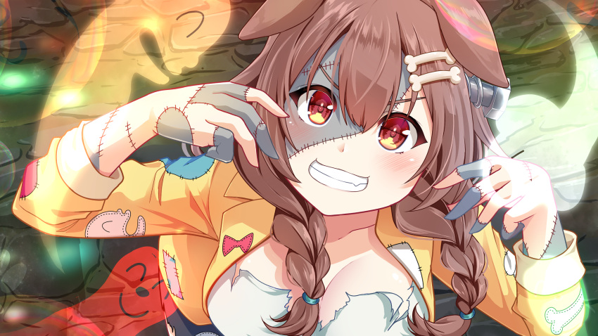 animal_ears blush bone_hair_ornament brown_eyes brown_hair closed_mouth colored_skin dog_ears dog_girl dress fang ghost grey_skin hair_ornament highres hololive inugami_korone inugami_korone_(1st_costume) jacket listener_(inugami_korone) looking_at_viewer maritchi patchwork_skin smile solo virtual_youtuber white_dress yellow_jacket