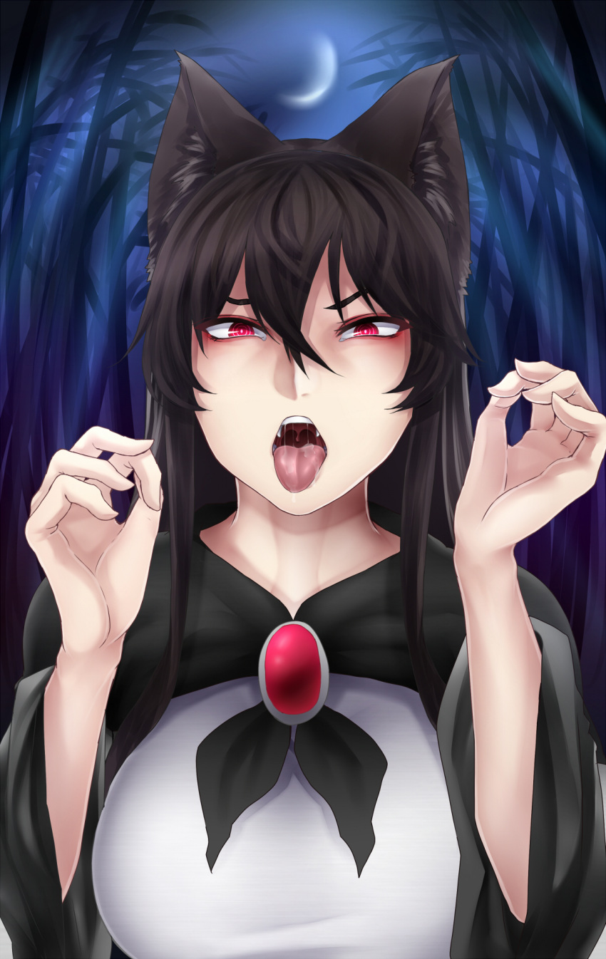 1girl animal_ears bamboo bamboo_forest bangs black_hair blush breasts brooch crescent_moon dress forest hair_between_eyes hands_up highres imaizumi_kagerou jewelry large_breasts long_hair long_sleeves looking_at_viewer moon nature night night_sky ninonini open_mouth red_eyes saliva sidelocks sky solo taut_clothes taut_dress teeth tongue tongue_out touhou wide_sleeves wolf_ears