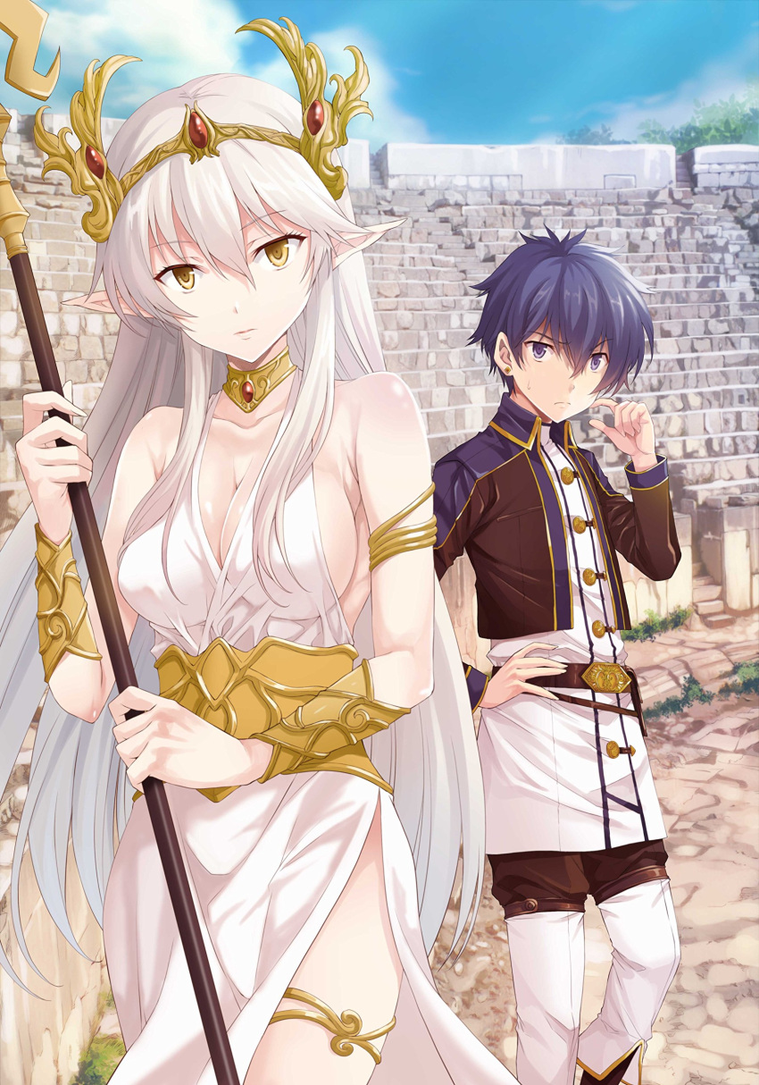 1boy 1girl absurdres armlet bare_shoulders belt blue_eyes blue_hair breasts crown dress hand_on_hip highres idainaru_daigensui_no_tenshin jewelry large_breasts long_hair looking_at_another looking_at_viewer necklace official_art pointy_ears ruins scratching_cheek short_hair side_slit staff theater thigh_strap tomozo_kaoru very_long_hair white_dress white_hair yellow_eyes