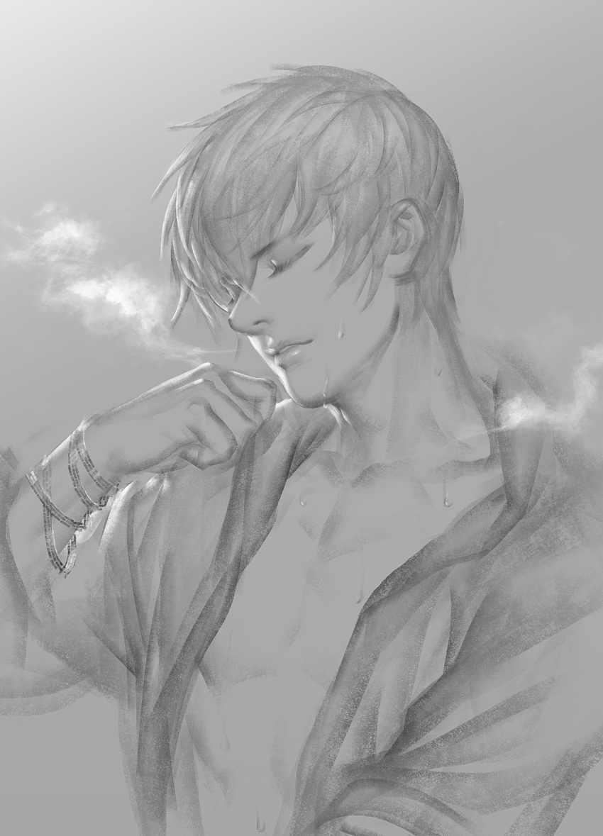 1boy adam's_apple bare_pectorals bracelet clenched_hand collarbone commentary_request eyelashes greyscale highres ishida_mitsunari_(sengoku_basara) jewelry kdash male_focus monochrome multiple_bracelets open_clothes open_shirt parted_lips pectorals sengoku_basara short_hair smoke solo toned toned_male upper_body
