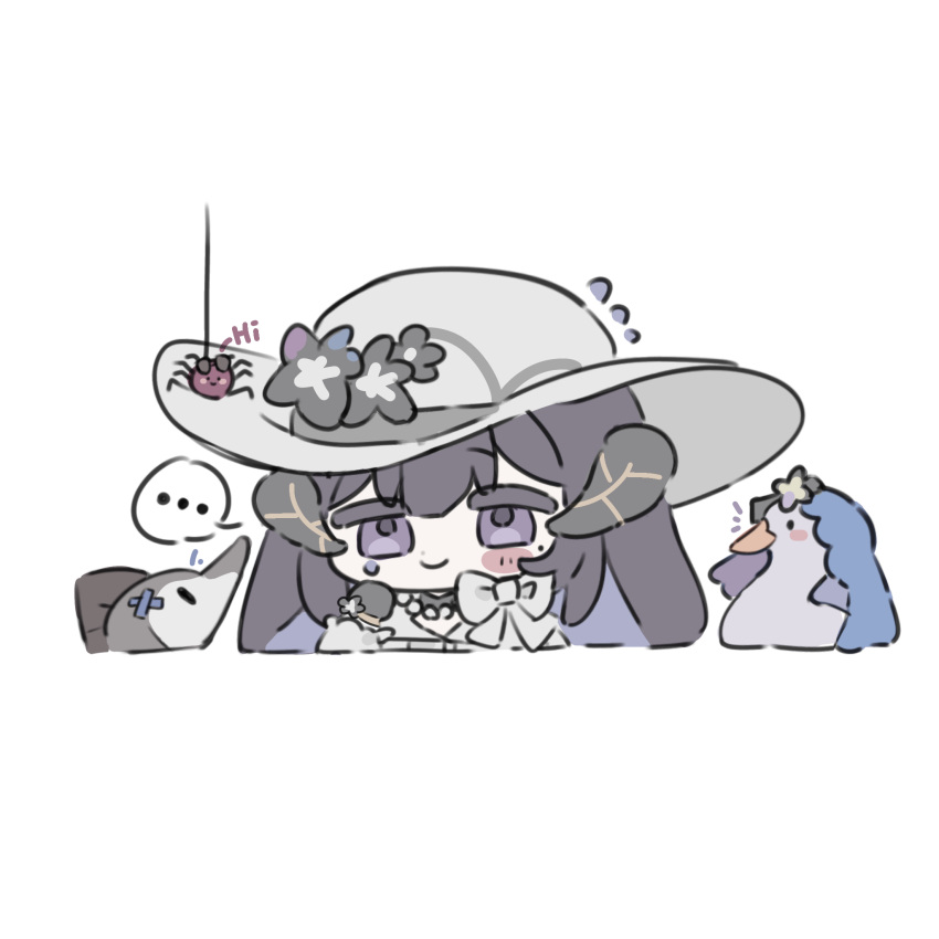 ... 1girl animalization bird black_swan_(honkai:_star_rail) blush bow bug chibi chibi_only chinese_commentary closed_mouth constance_(honkai:_star_rail) demon_girl demon_horns dolphin dress english_text flower_as_hat flying_sweatdrops friends from_side goose grey_bow grey_dress grey_hat hair_between_eyes hair_ornament hairclip hat highres honkai:_star_rail honkai_(series) horns hysilens_(honkai:_star_rail) jewelry kafka_(honkai:_star_rail) light_smile long_hair long_sleeves multicolored_hair necklace nekooooowo nervous_sweating person_and_animalization purple_hair simple_background solo_focus speech_bubble spider sun_hat sunglasses sweat two-tone_hair upper_body veil violet_eyes white_background