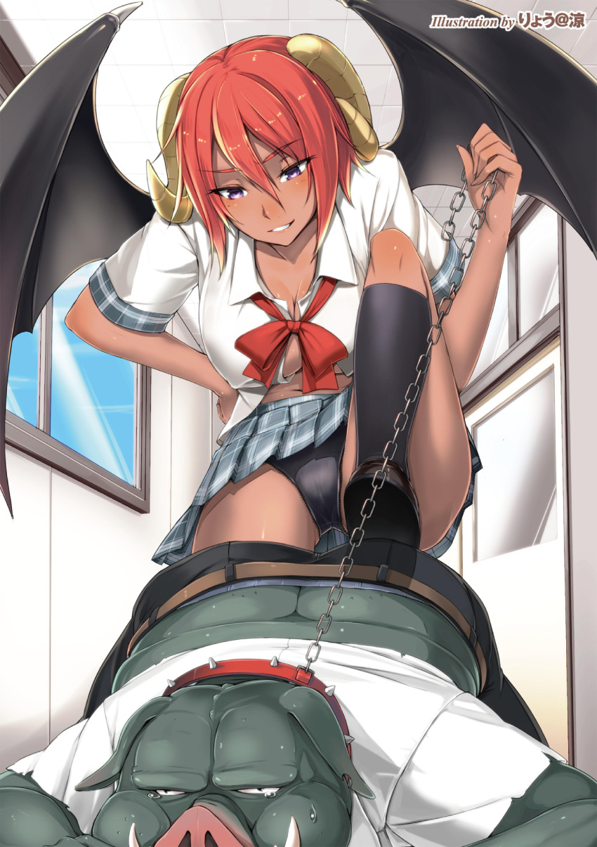 1boy 1girl absurdres artist_name belt black_panties blush bowtie breasts butt_crack chain cleavage collar covered_nipples dark_skin demon_girl demon_horns demon_wings femdom grin hand_on_hip highres horns indoors large_breasts leash navel orc panties pantyshot plaid plaid_skirt ryou@ryou school_uniform shirt skirt smile solo stepping sweat tears unbuttoned underwear white_shirt wings