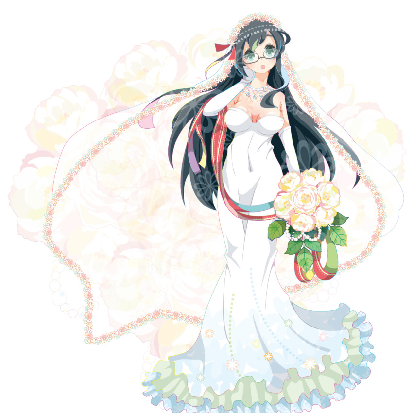 1girl :o alternate_costume arishiki arm_at_side bangs bare_shoulders beads bouquet breasts bridal_veil cleavage collarbone dress elbow_gloves floral_background flower frills full_body glasses gloves gradient green_eyes hair_flower hair_ornament hair_ribbon hand_on_own_face holding_bouquet kantai_collection long_dress long_hair looking_at_viewer ooyodo_(kantai_collection) red_ribbon ribbon semi-rimless_glasses solo strapless_dress under-rim_glasses veil very_long_hair wedding_dress white_dress white_gloves