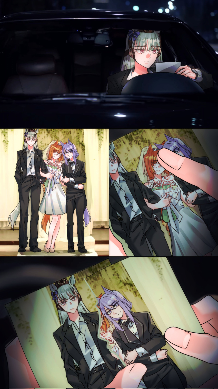 3girls absurdres animal_ears aqua_bow b_lt bare_shoulders belt black_belt black_bow black_bowtie black_jacket black_pants blunt_bangs bouquet bow bowtie bridal_veil bride brown_hair brown_hat car closed_mouth collarbone collared_shirt dress driving ear_bow ear_ribbon glasses gold_ship_(umamusume) grey_hair hat high_heels highres holding holding_bouquet holding_photo horse_ears horse_girl horse_tail ikuno_dictus_(umamusume) jacket locked_arms long_hair long_sleeves mejiro_mcqueen_(umamusume) motor_vehicle multiple_girls open_clothes open_jacket pants parody photo-referenced photo_(object) pillbox_hat purple_bow purple_hair ripping round_eyewear scene_reference shirt shoes smile suit suit_jacket tail umamusume veil violet_eyes wedding wedding_dress white_dress white_shirt