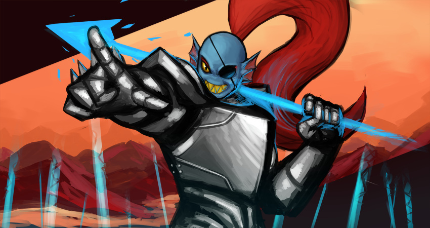 1girl alternate_hair_length alternate_hairstyle armor blue_skin energy_spear energy_weapon eyepatch eyeshadow highres makeup monster_girl over_shoulder plastic-brain pointing pointing_forward polearm ponytail redhead sharp_teeth solo spear tagme undertale undyne upper_body weapon weapon_over_shoulder yellow_sclera