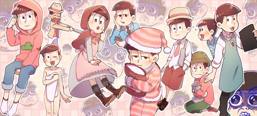 1boy :3 ;3 alternate_costume barista bat beanie brown_eyes brown_hair formal hat kneeling little_red_riding_hood little_red_riding_hood_(cosplay) looking_at_viewer male_focus menu multiple_persona necktie osomatsu-kun osomatsu-san pajamas phone pillow pillow_hug straw_hat suit sweat todomatsu tongue tongue_out towel