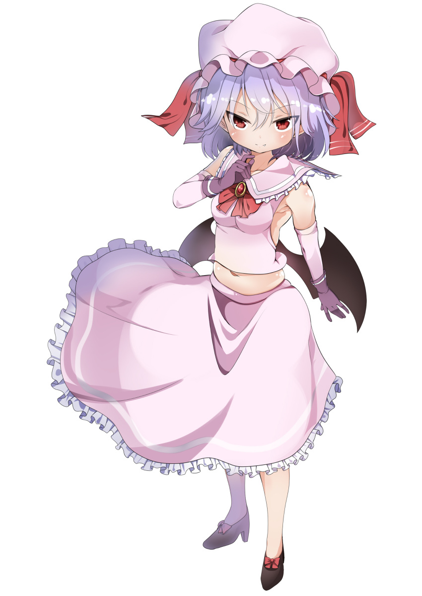 &gt;:) 1girl absurdres armpits bare_shoulders bat_wings belly blush bow breasts brooch elbow_gloves fang fang_out gloves halterneck hat high_heels highres jewelry long_skirt looking_at_viewer mob_cap navel plump purple_hair red_eyes remilia_scarlet shirt shoe_bow shoes skindentation skirt sleeveless sleeveless_shirt solo takashi_(nekoro) touhou tsurime wings