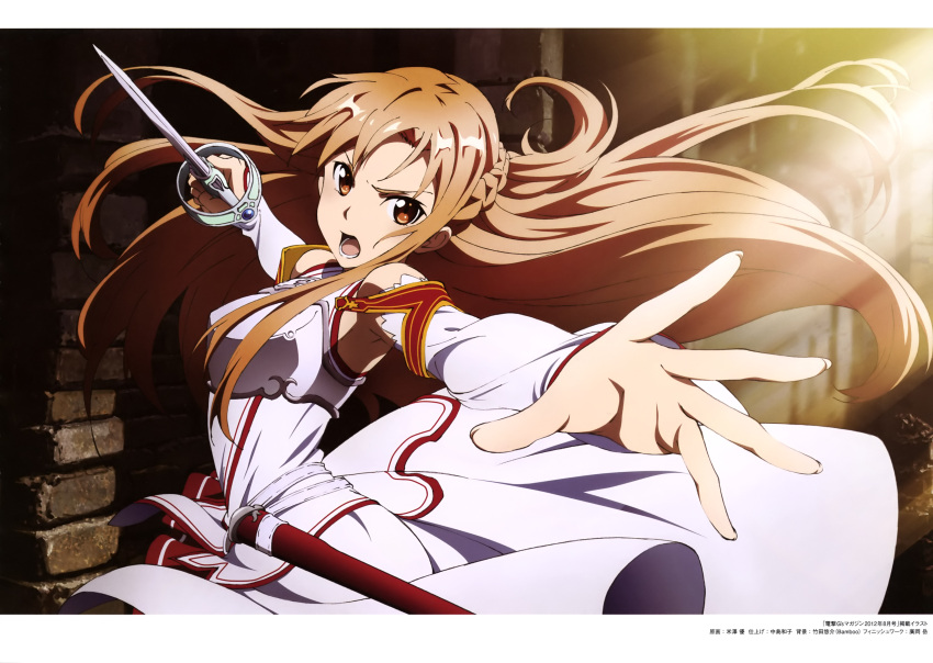 1girl absurdres armpits asuna_(sao) brown_eyes brown_hair detached_sleeves highres holding_sword holding_weapon long_hair open_mouth pleated_skirt red_skirt skirt solo sword sword_art_online weapon yonezawa_masaru