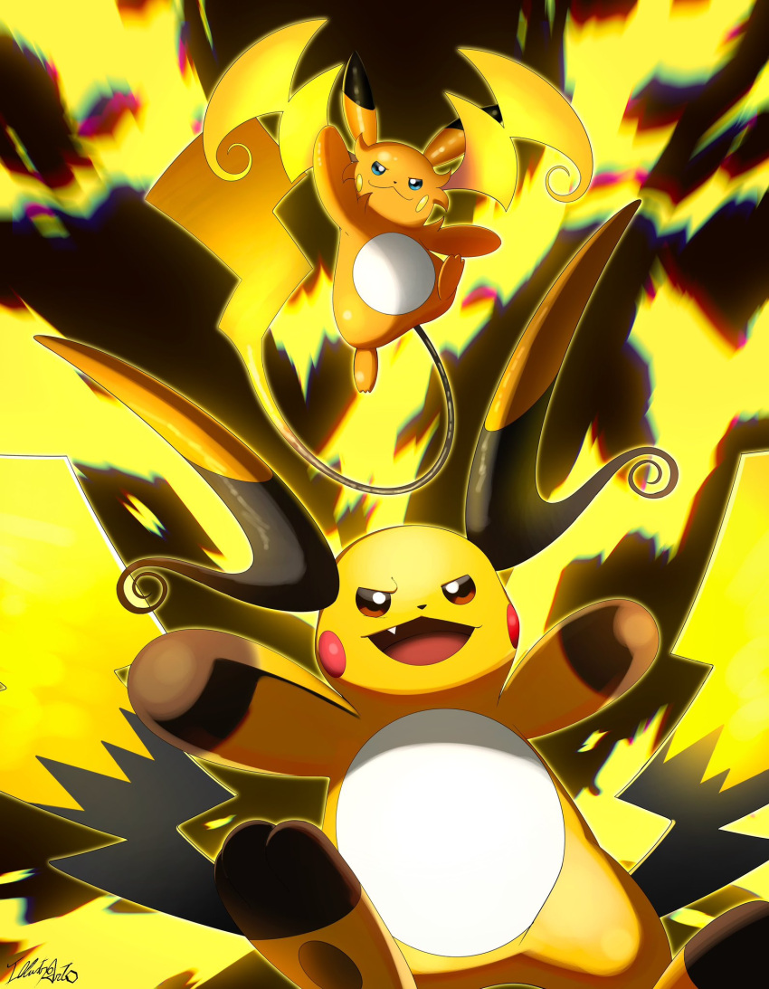 blue_eyes brown_eyes closed_mouth electricity fang fivizzaniluke highres mega_pokemon mega_raichu_x mega_raichu_y multiple_tails no_humans open_mouth orange_fur pokemon pokemon_(creature) pokemon_focus raichu smile tail very_long_ears very_long_tail yellow_fur