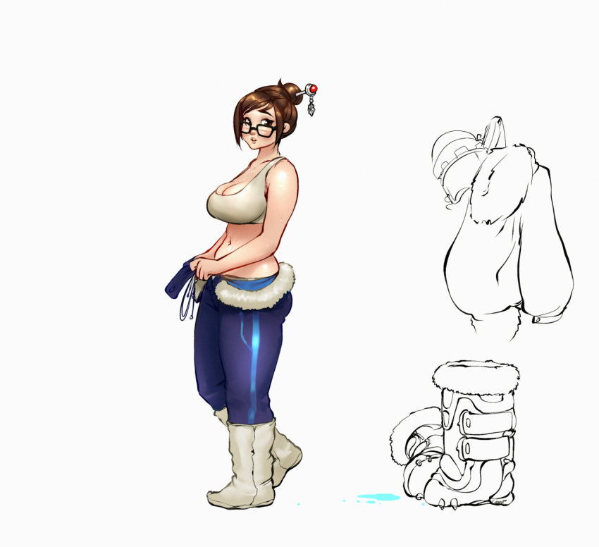 1girl boots breasts brown_eyes brown_hair cleavage clothes_around_waist darren_geers eyebrows full_body hair_bun hair_ornament hairpin large_breasts mei_(overwatch) navel overwatch short_hair solo sweat tank_top undressing