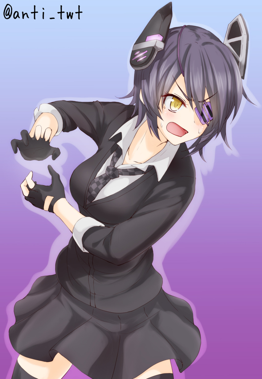 1girl anti_(untea9) arms_behind_back black_legwear blush breasts commentary_request eyepatch fingerless_gloves gloves headgear highres kantai_collection necktie open_mouth pose purple_hair school_uniform short_hair solo sweat tenryuu_(kantai_collection) thigh-highs twitter_username yellow_eyes