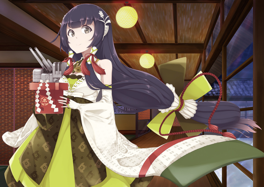 1girl architecture bangs black_hair bridal_gauntlets cannon closed_mouth detached_sleeves east_asian_architecture floating_hair glass grey_eyes hair_ornament hair_tubes holding indoors japanese_clothes kantai_collection kimono lamp long_hair low-tied_long_hair mizuho_(kantai_collection) mku rope shide sliding_doors smile solo tassel turret very_long_hair wooden_floor