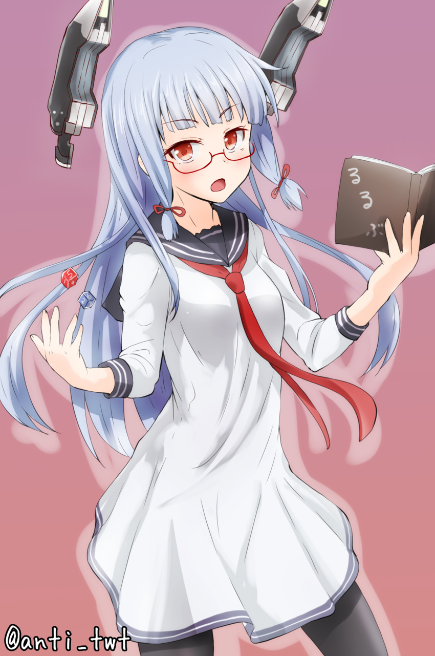 1girl anti_(untea9) bangs bespectacled black_legwear blunt_bangs blush book commentary_request dice glasses hair_ribbon headgear highres kantai_collection long_hair looking_at_viewer murakumo_(kantai_collection) open_mouth pantyhose red_eyes ribbon sailor_dress school_uniform solo twitter_username