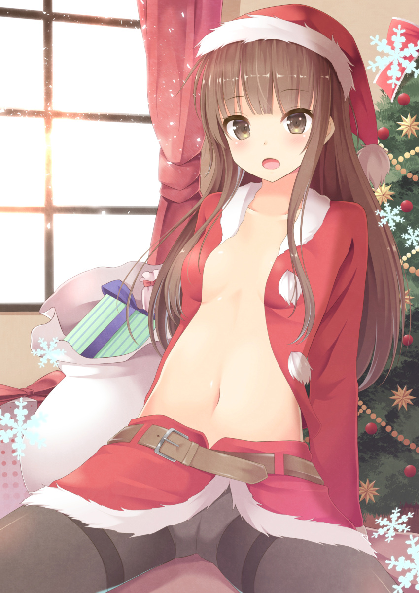 1girl amagami bag belt blush box breasts brown_eyes brown_hair christmas_ornaments christmas_tree collarbone gift gift_box hat highres kamizaki_risa long_hair long_sleeves miniskirt navel no_bra open_clothes open_mouth open_shirt panties panties_under_pantyhose pantyhose pen-zin santa_costume santa_hat shirt sitting skirt small_breasts solo spread_legs thighband_pantyhose underwear very_long_hair