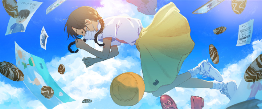 1girl black_hair blue_sky braid closed_eyes clouds commentary_request full_body hat hat_removed headwear_removed kanai_(nai_nai) mask medium_hair mouth_mask original profile shirt shoes short_sleeves skirt sky sneakers socks twin_braids white_footwear white_shirt white_socks yellow_headwear yellow_skirt