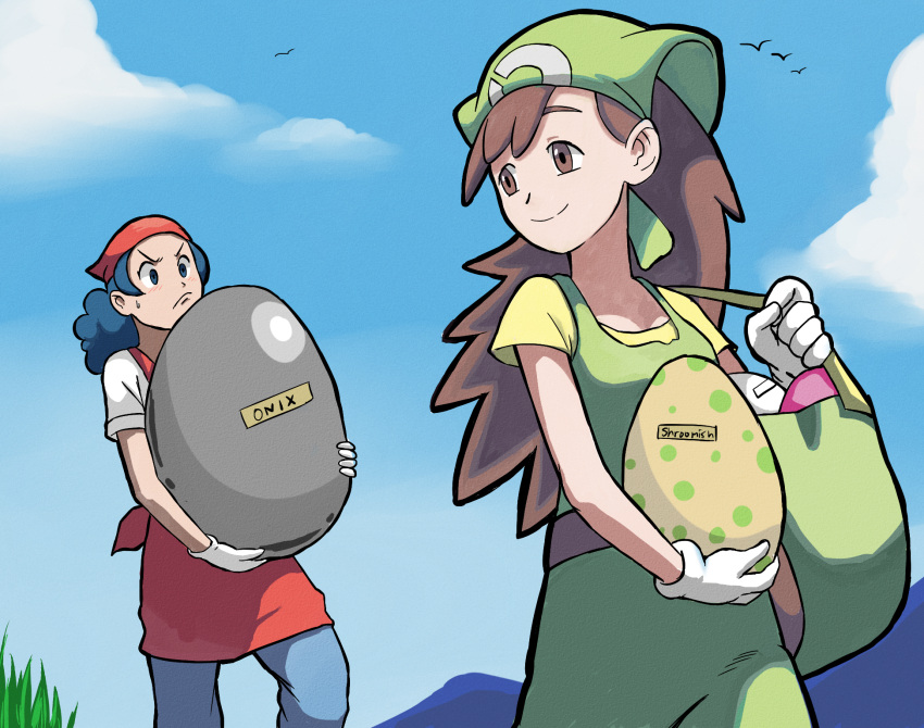 2girls bag bandana black_hair blue_sky brown_hair carrying clouds egg gloves hat highres multiple_girls pokemon pokemon_breeder_(pokemon) pouch red_skirt regigigass shoulder_bag skirt sky white_gloves