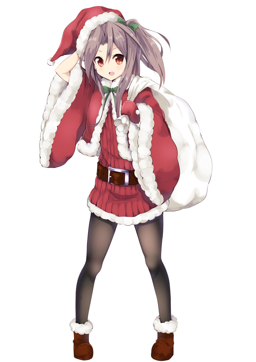 1girl absurdres alternate_costume amano_kouki belt bow christmas green_bow hair_bow hand_on_own_head hat highres holding kantai_collection looking_at_viewer mittens open_mouth over_shoulder pantyhose red_eyes revision sack santa_hat simple_background solo white_background wide_sleeves zuihou_(kantai_collection)