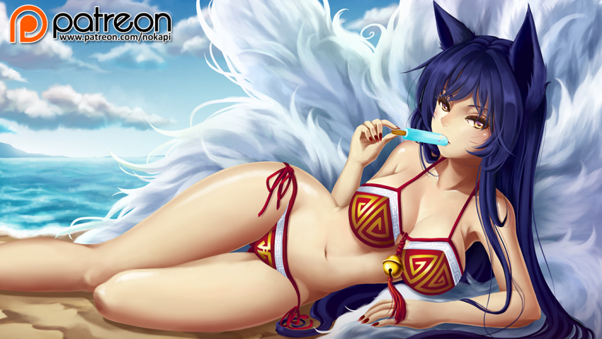 1girl ahri animal_ears arm_support artist_name ass_visible_through_thighs bare_arms bare_shoulders beach bell bikini blue_hair blush breasts cleavage clouds eating facepaint fingernails food fox_ears fox_tail heterochromia hips horizon ice_cream jingle_bell large_breasts league_of_legends legs long_fingernails long_hair looking_at_viewer lying midriff multiple_tails nail_polish navel nokapi ocean on_side orange_eyes outdoors patreon popsicle red_bikini red_nails sand shore side-tie_bikini solo stomach swimsuit tail thigh_gap very_long_hair violet_eyes watermark web_address