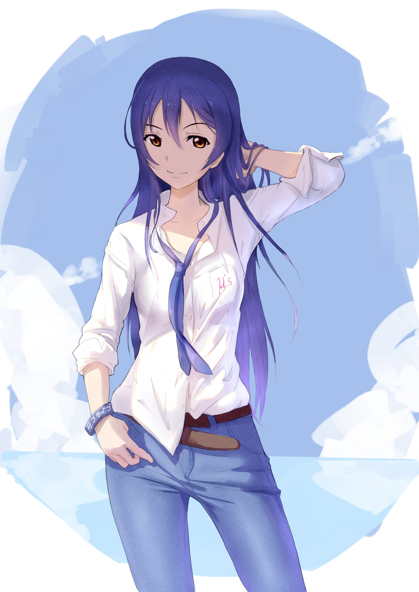 1girl absurdres belt blue_hair clothes_writing collarbone collared_shirt contrapposto cowboy_shot denim hand_behind_head hand_in_pocket highres jeans light_smile long_hair long_sleeves looking_at_viewer love_live!_school_idol_project miao_xiao_fan pants shirt sleeves_folded_up small_breasts smile solo sonoda_umi white_shirt yellow_eyes